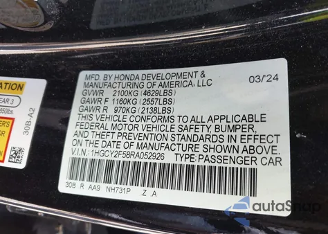 2024 Honda Accord Hybrid Sport from USA, damaged, VIN 1HGCY2F58RA052926